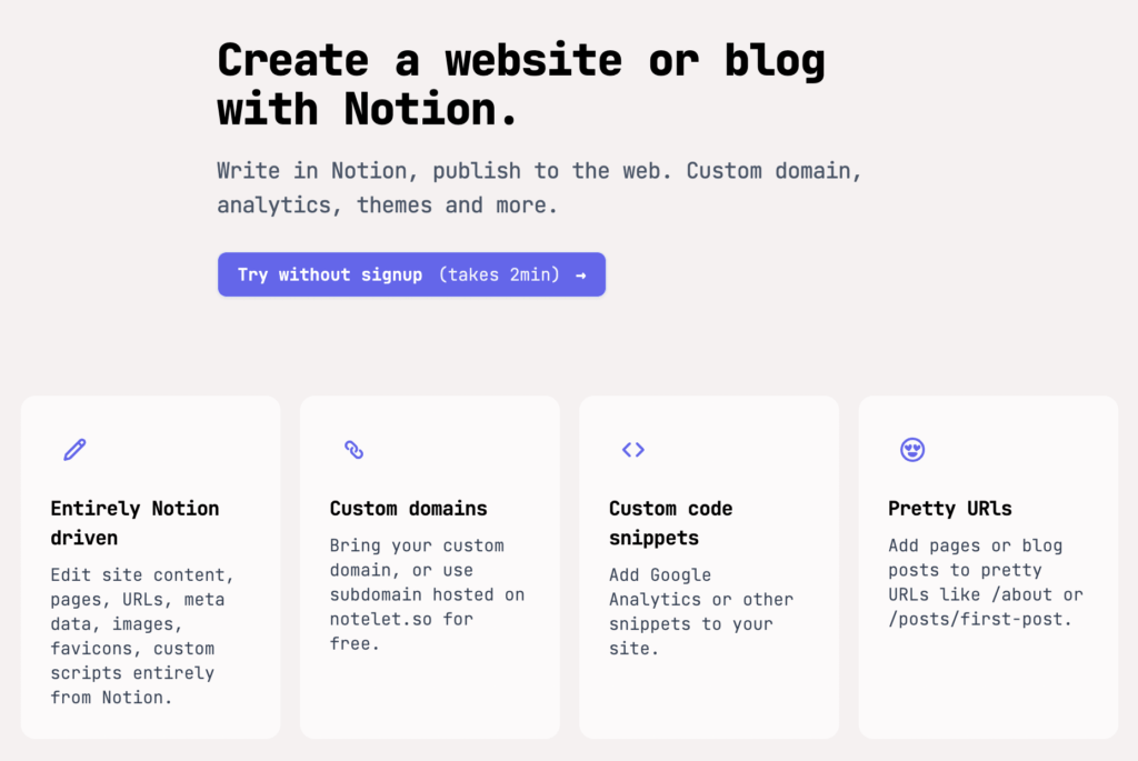 notelet.so creer un site notion